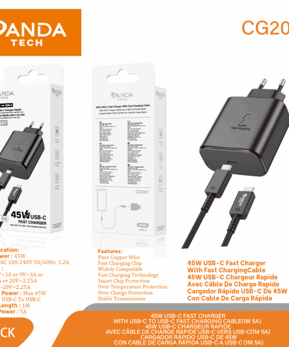 Pandatech CG207 Chargeur Rapide PD 45W avec Cable USB-C 5A 1M Noir